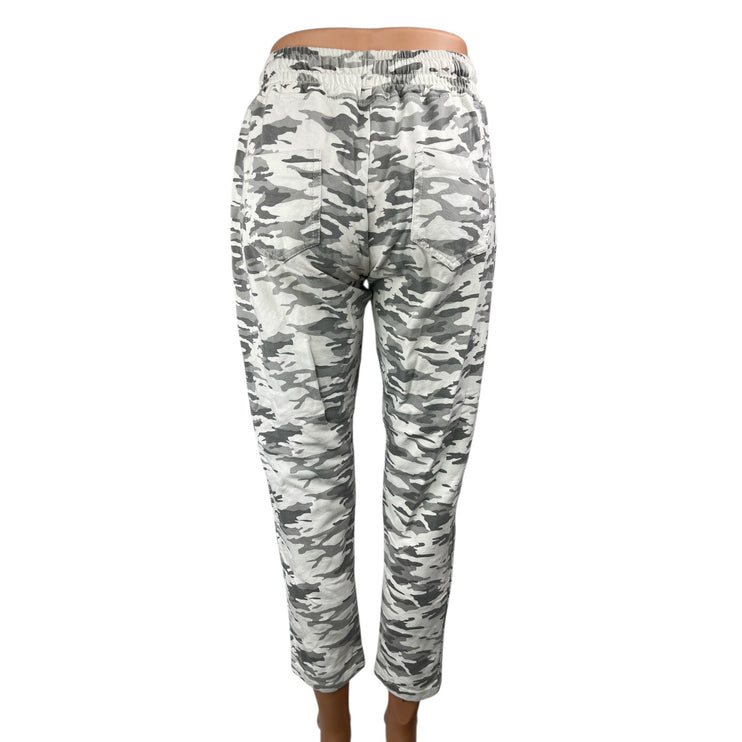 Nostalgia Gray White Camo Camouflage Mid Rise Drawstring Skinny Trousers Pants L