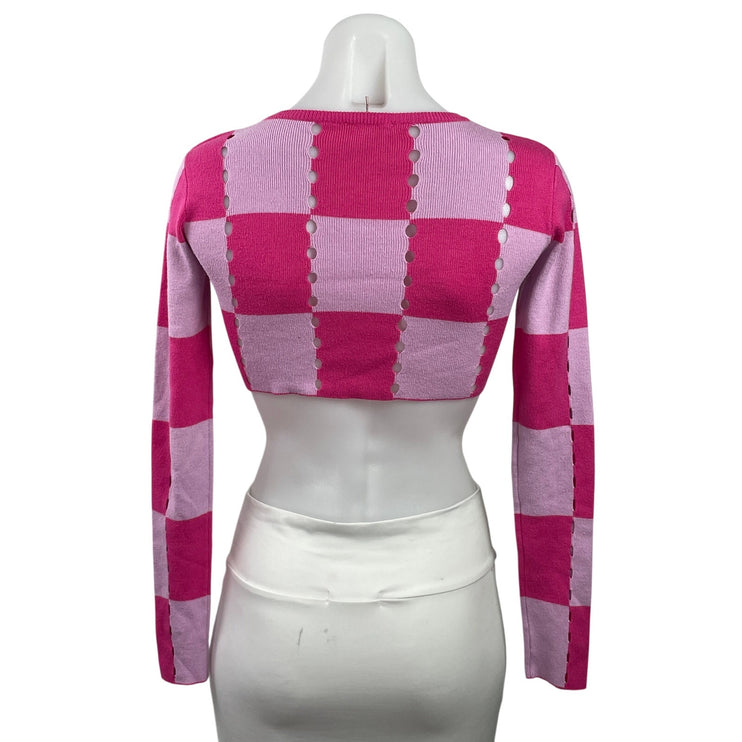 Mimosa Women's Pink Checkered Gingham Knit Crewneck Long Sleeve Crop Top Size S