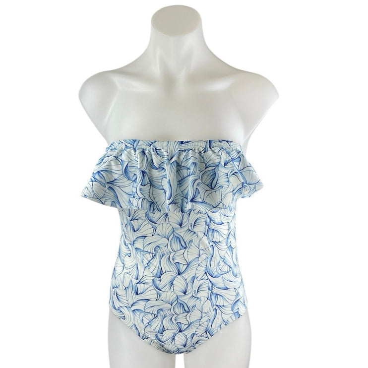 Tory Burch Blue Strapless Ruffle Sleeveless Leaf One Piece Swimsuit Swimwear S