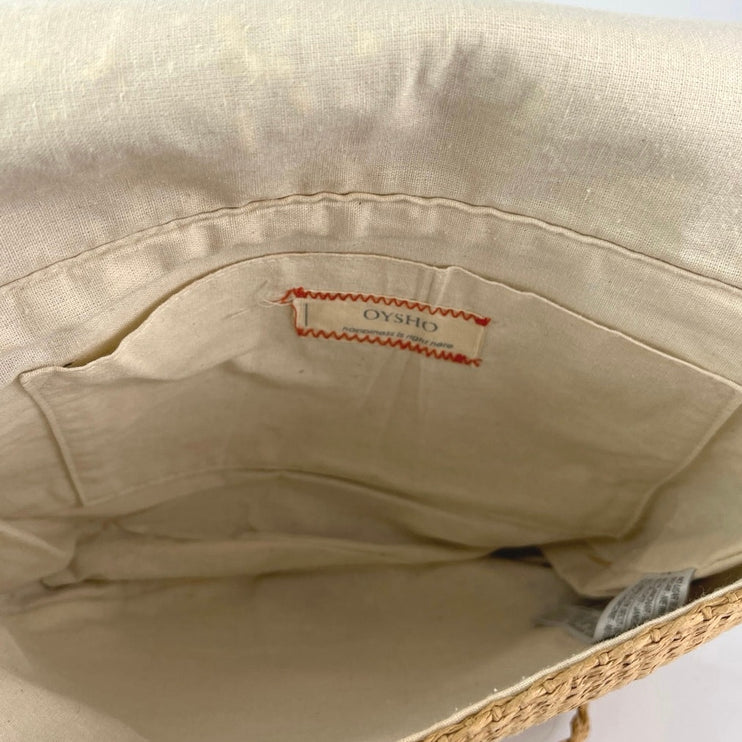 Oysho Women's Beige Tan Raffia Embroidered Floral Crossbody Shoulder Bag