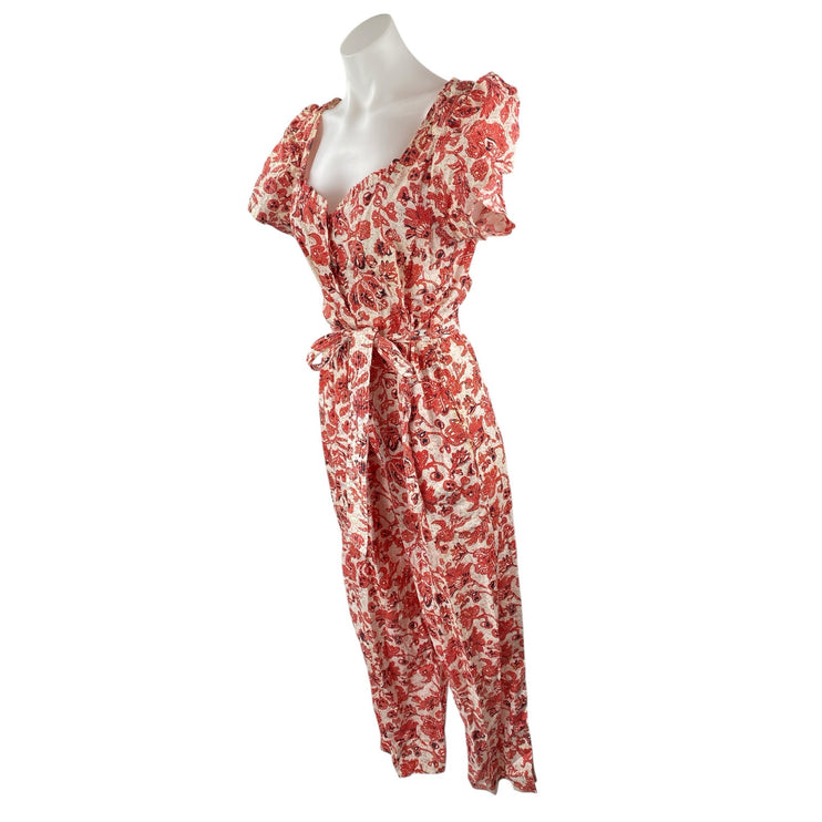 Find Me Now Red Floral Short Puff Sleeve Smocked Tie Waist Crop Jumpsuit Size M