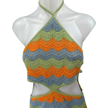 Zara Multicolor Halter Sleeveless Striped Crochet Knit Cutout Mini Dre Brie Zara Multicolor Halter Sleeveless Striped Crochet Knit Cutout Mini Dre Brie