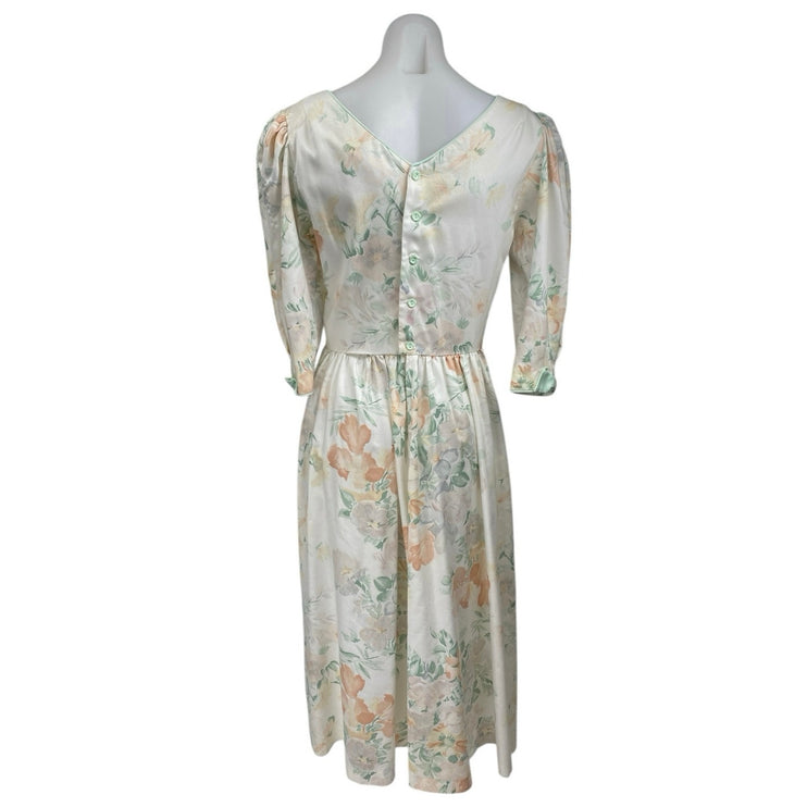 Vintage Lanz Womens White Floral Short Puff Sleeve Midi A-Line Tea Dress Size 10