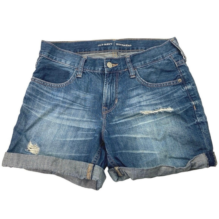 Old Navy Blue Medium Wash Mid Rise Distressed Faded Boyfriend Jean Short Size 0