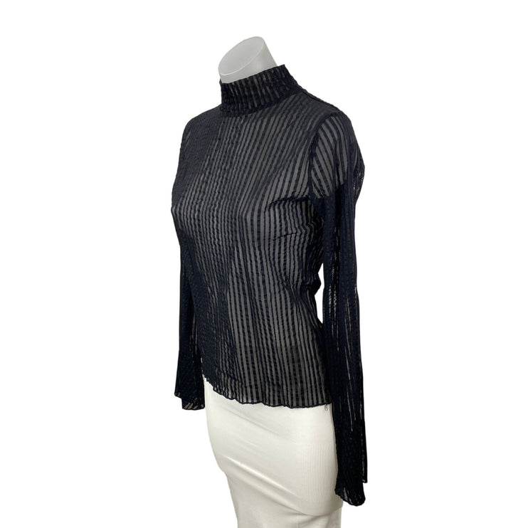 Fanco Women's Black Sheer Mesh Pleated Mock Neck Long Sleeve Blouse Top Size M