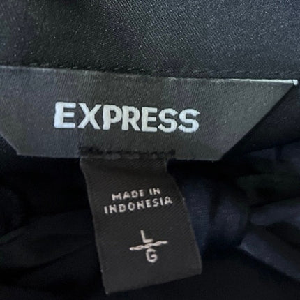 Express Black Silky Satin Bow Tie Neck Ruffle Button Down Shirt Blouse Top Sz L