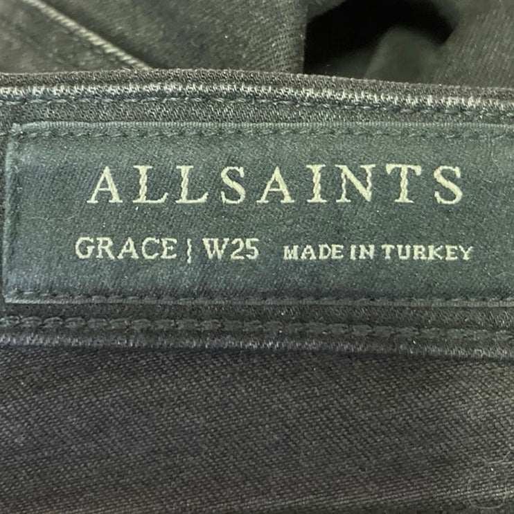 AllSaints Grace Slashed Black Skinny Mid Rise Distressed raw Hem Denim Jeans 25