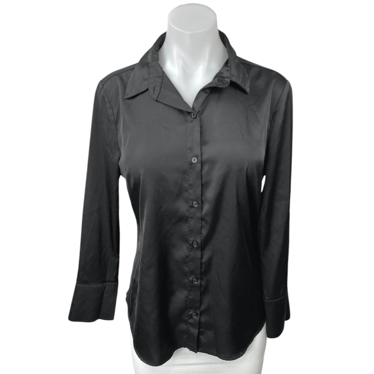 Banana Republic Black Silky Satin Classic Fit Button Down Shirt Blouse Top Sz M