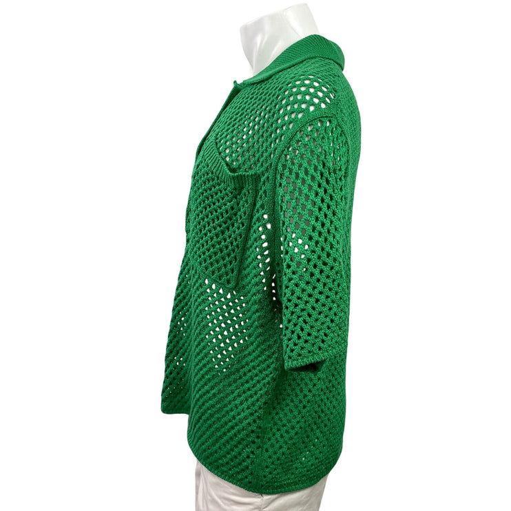 Zara Women's Green Open Knit Crochet Short Sleeve Collared Polo Shirt Top Sz XL