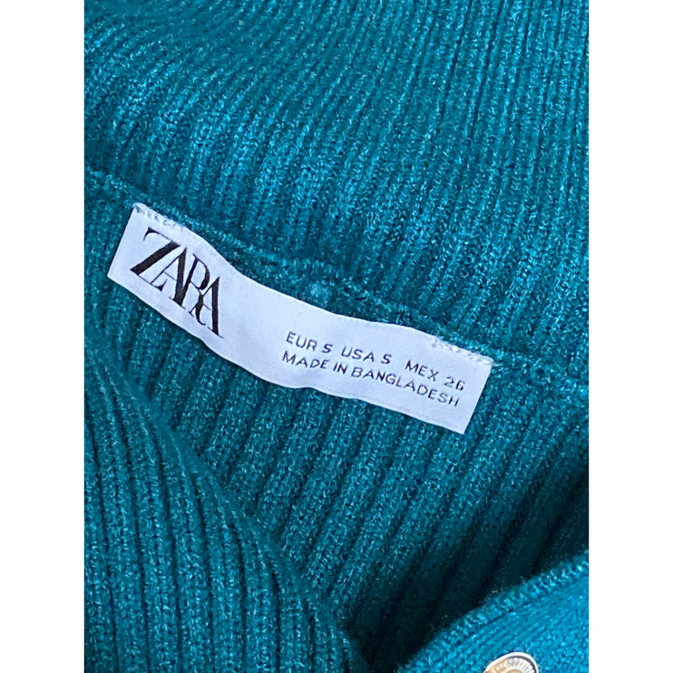 Zara Women's Teal Blue Ribbed Knit Long Sleeve Henley Sweater Crop Top Size S