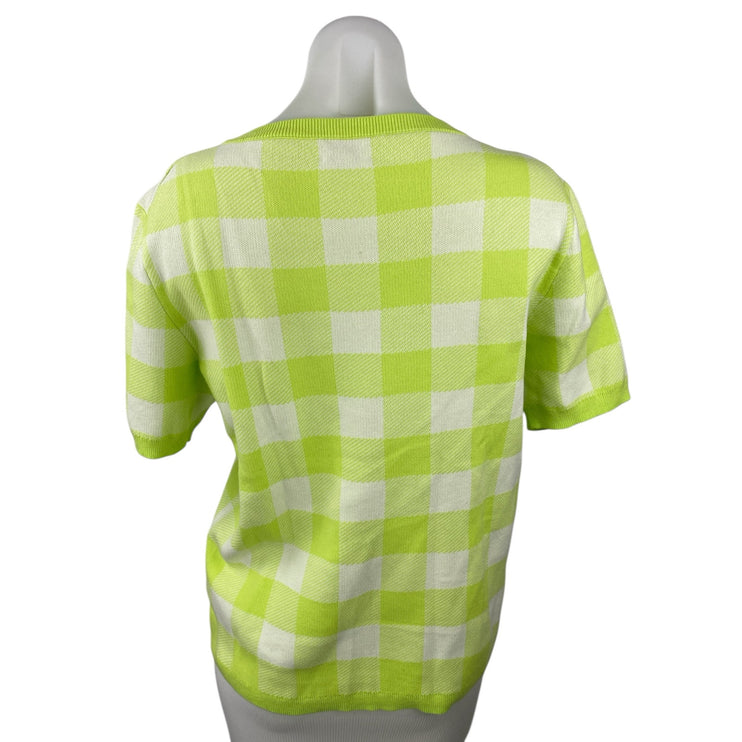 J.Crew Womens Green Knit Checkered Plaid Crew Neck Short Sleeve Sweater Top Sz M