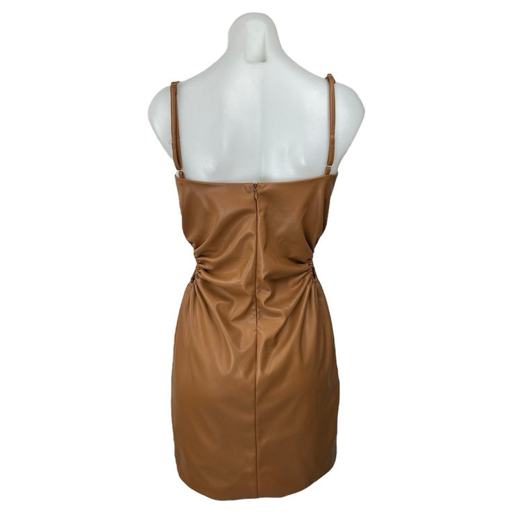 Fashion Nova Brown Faux Leather Ruched Cutout Sleeveless Mini Pencil Dress Sz S