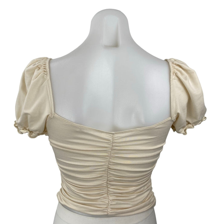 Reformation Fallow Womens Cream Ruched Puff Sleeve Square Neck Crop Blouse Top S