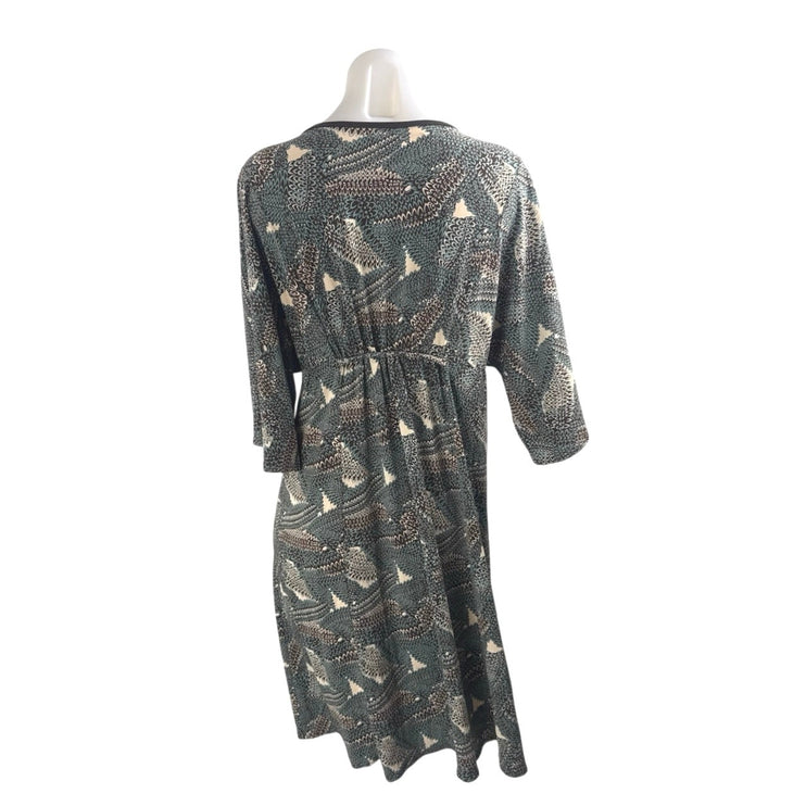 Max Studio Women's Geometric V Neck 3/4 Sleeve Midi Flared Kaftan A-Line Dress L