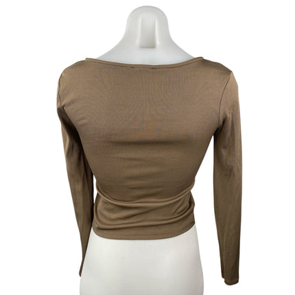 Stradivarius Women's Brown Square Neck Rib Knit Long Sleeve Crop Shirt Top Sz S