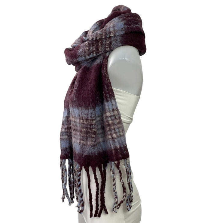 Madewell Women's Dark Pomegranate Plaid Alpaca Fringe Shawl Wrap Neck Scarf OS