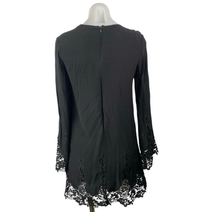 Olivaceous Women's Black Crochet Lace Hem Long Bell Sleeve Mini A-Line Dress M