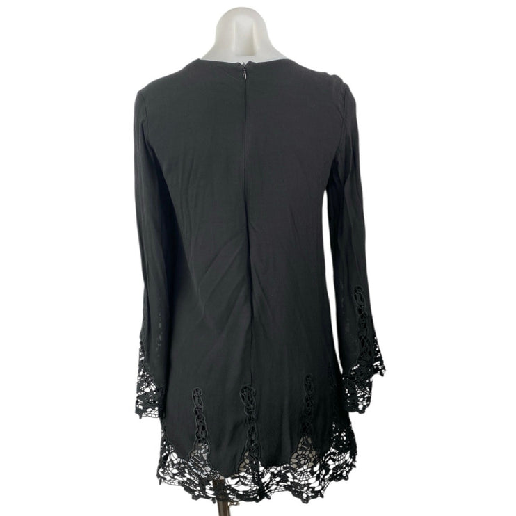 Olivaceous Women's Black Crochet Lace Hem Long Bell Sleeve Mini A-Line Dress M