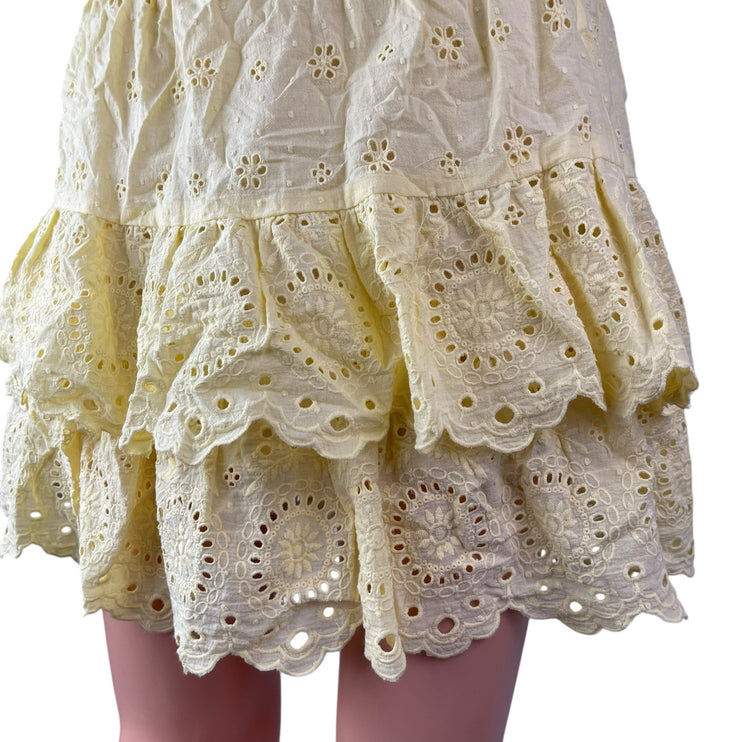 Ann Taylor LOFT Yellow Floral Eyelet Embroidered Ruffle Tiered Mini Skirt Size S