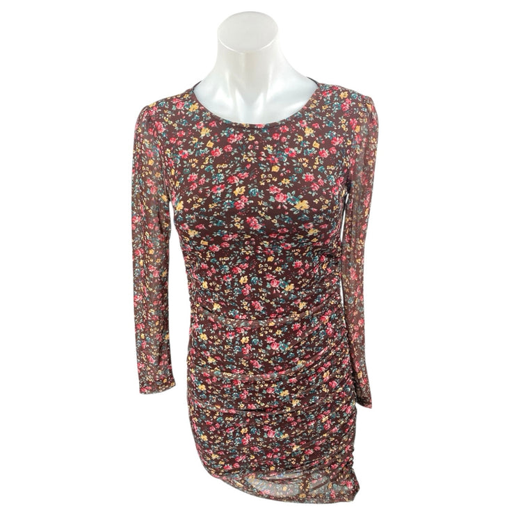 Commense Multicolor Floral Shirred Long Sleeve Ruched Mini Bodycon Dress Size S