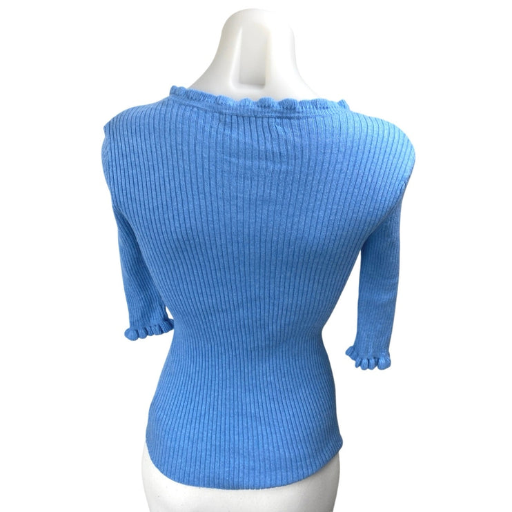 Alashan Women's Blue Cashmere Ribbed Knit Half Sleeve Ruffle Sweater Top Size S