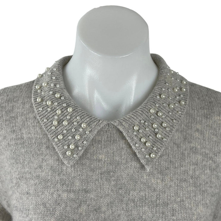 Tahari Gray 100% Cashmere Beaded Pearl Collar Knit Long Sleeve Sweater Size S