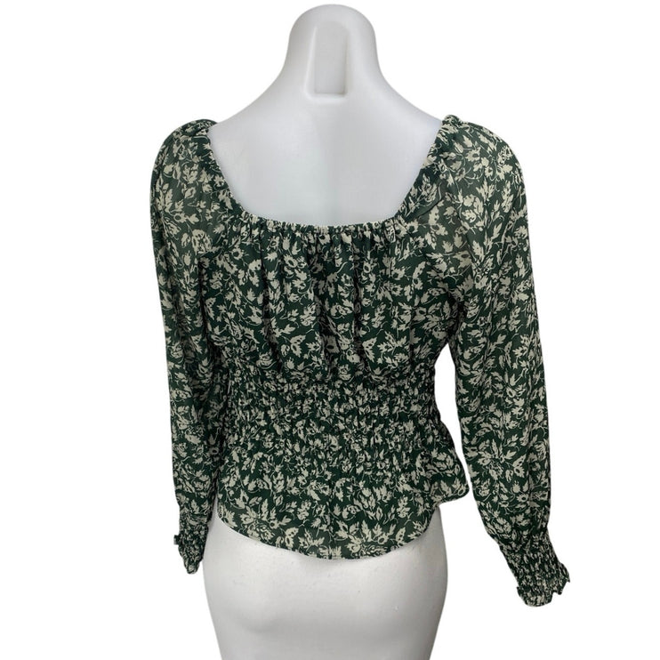 Madewell Georgette Green Floral Long Sleeve Smocked Peplum Blouse top Size XS