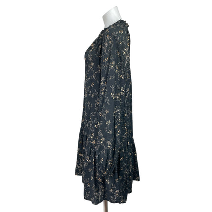 H&M Women Black Floral Ruffle V Neck Pleated Long Sleeve Mini Swing Dress Size L