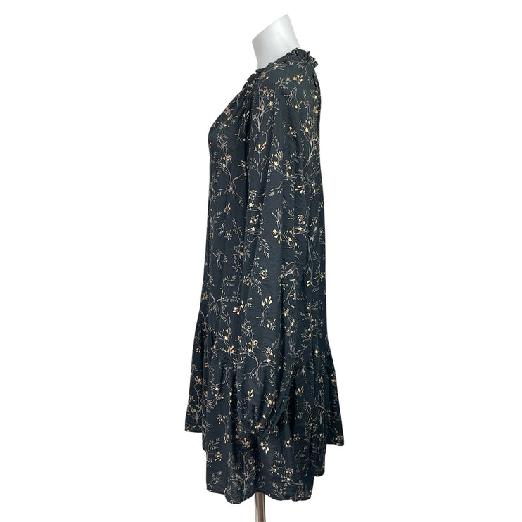 H&M Women Black Floral Ruffle V Neck Pleated Long Sleeve Mini Swing Dress Size L