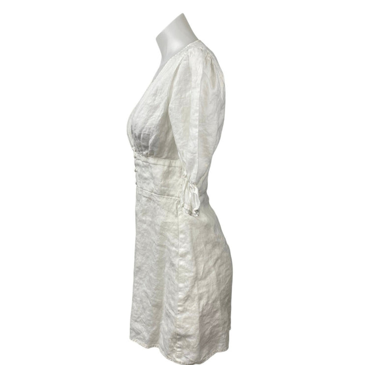 Reformation Simi 100% Linen Womens White V-neck Short Puff Sleeeve Mini Dress 4
