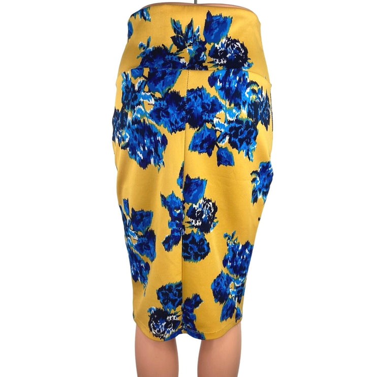 Silhouette NYC Yellow Blue Floral Stretch Straight Pencil Career Office Skirt M