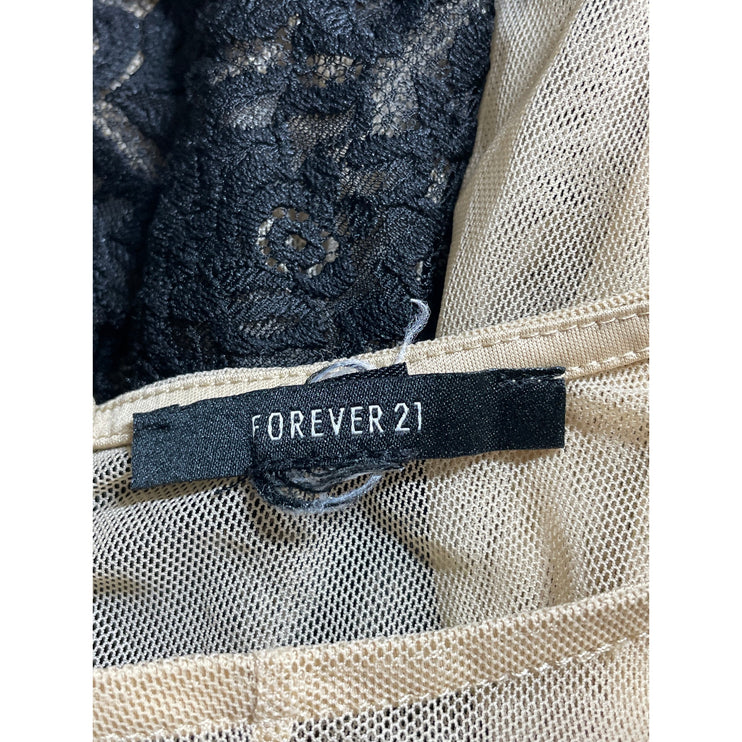 Forever 21 Nude Mesh Sheer Floral Lace Crew  Neck Long Sleeve Bodysuit Top S/M