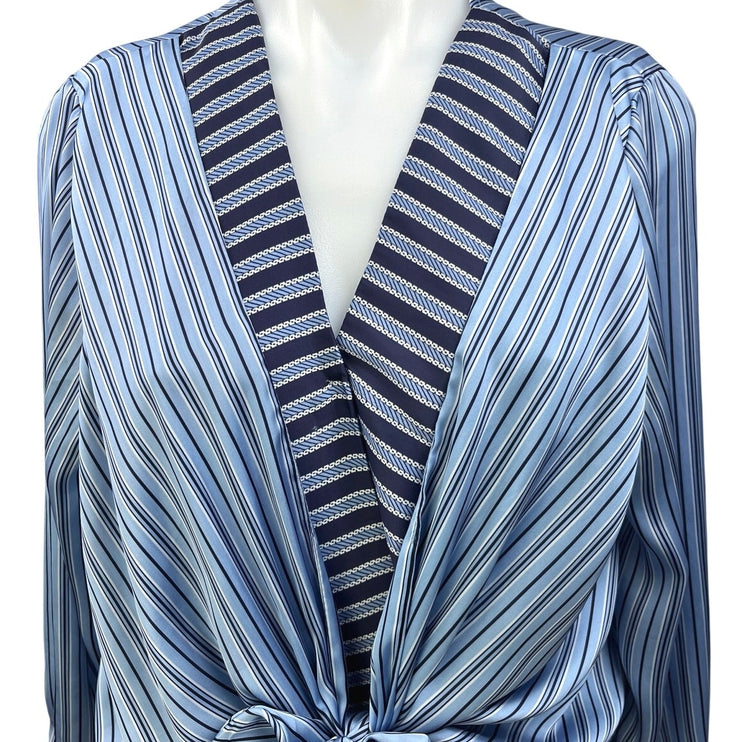 ZARA Blue Stripe Silk Satin Front Knot Long Sleeve Wrap Blouse Bodysuit Top M