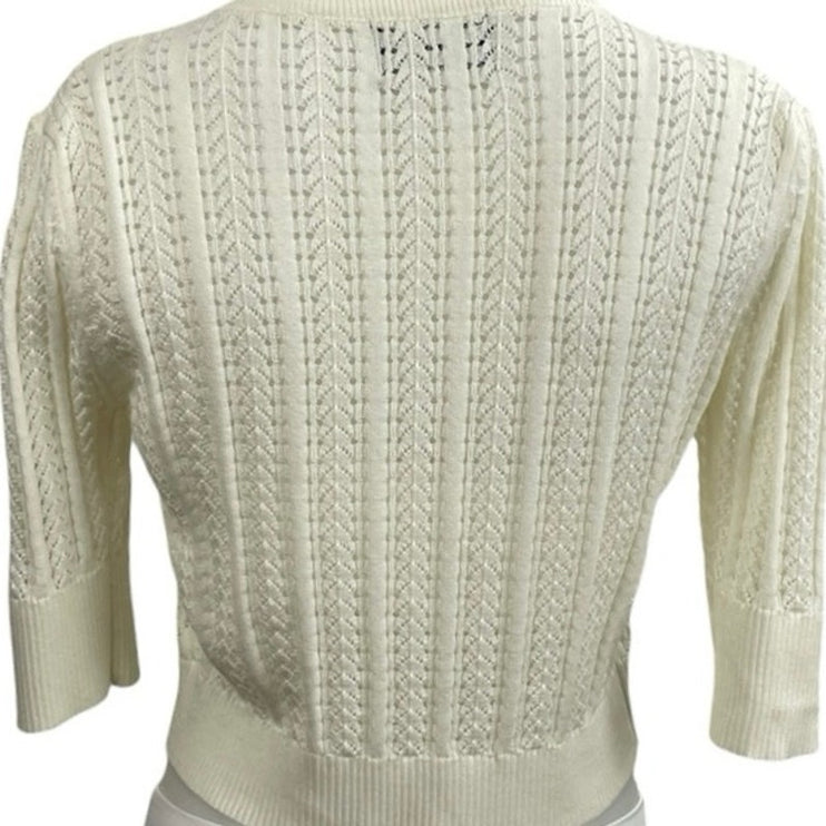Cider Women's Cream Pointelle Crochet Bow Hald Sleeve Cardigan Sweater Top Sz L