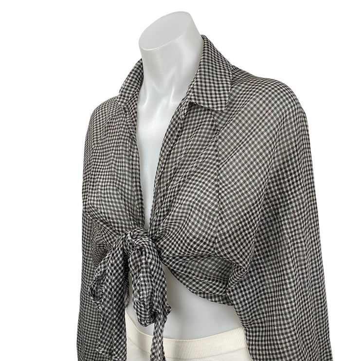 Emory Park Black Gingham Check Long Sleeve Tie Cropped Blouse Shirt Top Size M