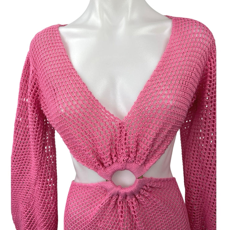 Women's Pink Crochet Long Sleeve V-neck Knitted Swim Beach Cover Up Mini Dress S