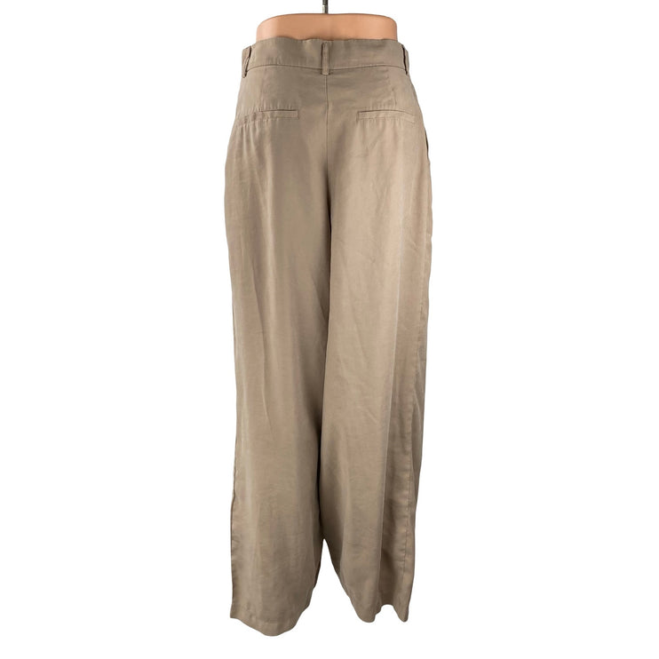 Zara Beige Pleated High Waisted Straight Palazzo Wide Leg Trousers Dress Pants M