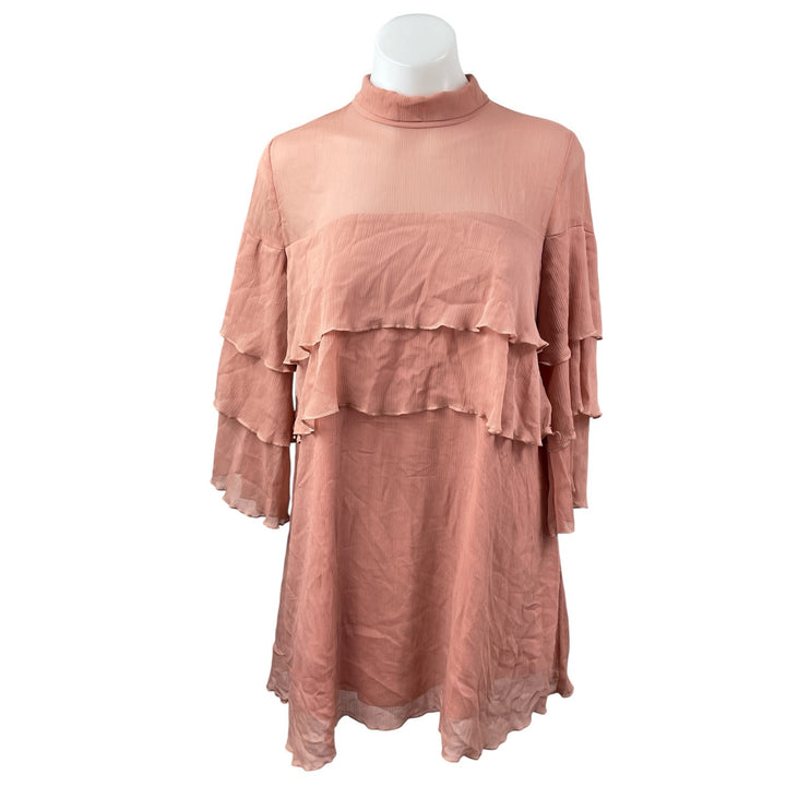 Pink Owl Women's Coral Tiered Ruffle Mock Neck Long Sleeve Mini Shift Dress Sz S