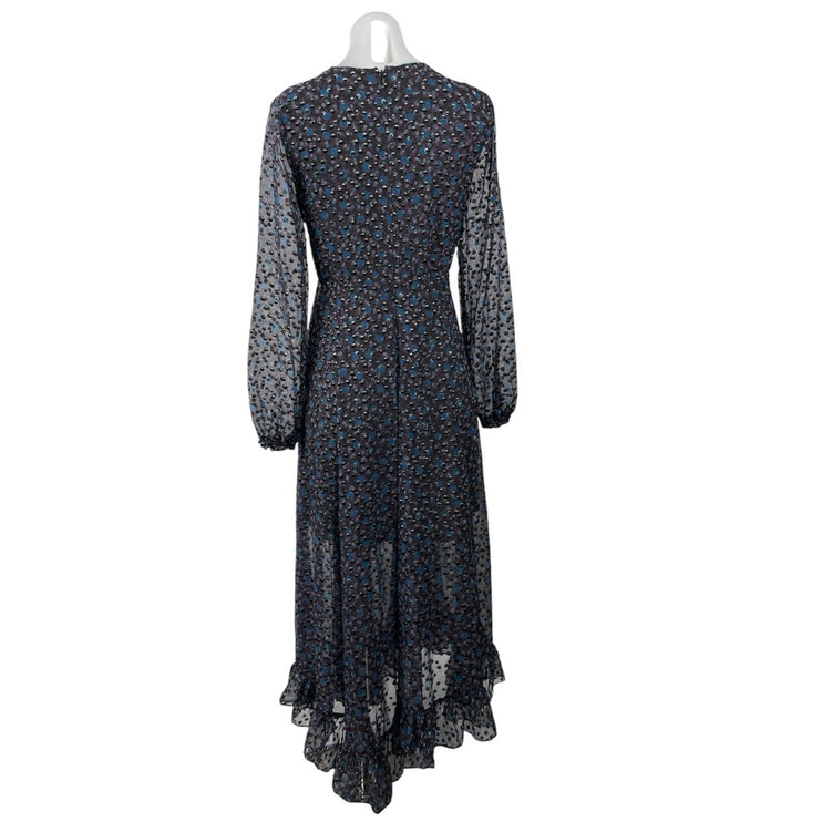 Maje Revana Black Floral Long Sleeve Mesh V Neck Ruffle A Line Maxi Dress Size 1