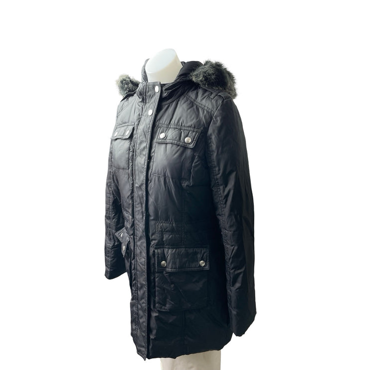 Aqua Black Faux Fur Trim Quilted Long Sleeve Hooded Puffer Parka Coat Jacket XS