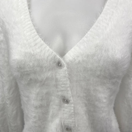 Zara White Eyelash Knit V Neck Button Down Cropped Cardigan Sweater Top Size S