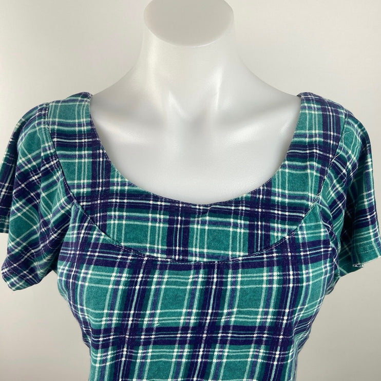 Vintage S.E.A.L Blue Green Ruckus Plaid Flannel Short Sleeve Crop Top Blouse S