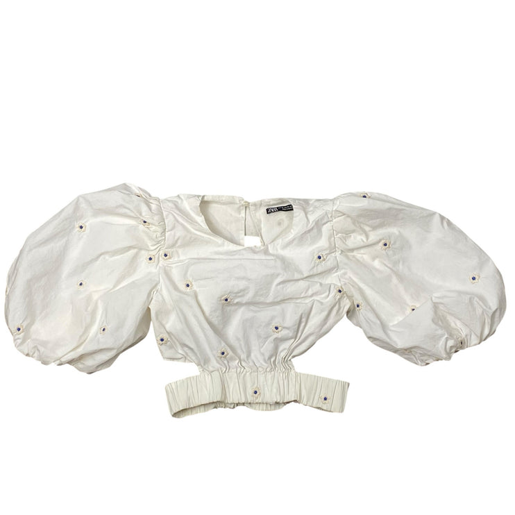 Zara Women's White Floral Embroidered Balloon Sleeves Crop Poplin Blouse Top XS
