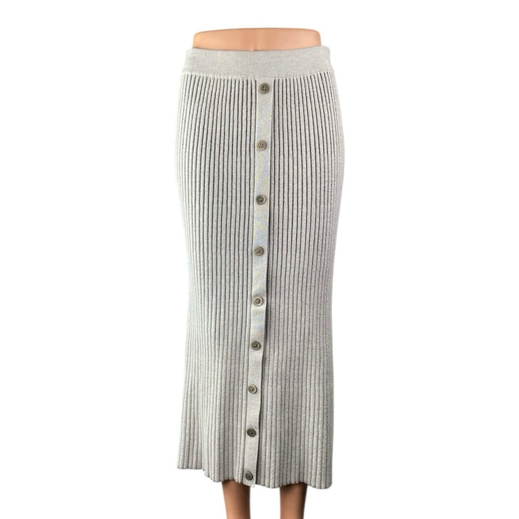 Story Women's Gray Ribbed Knit Button Down High Waisted Midi Pencil Skirt Size S