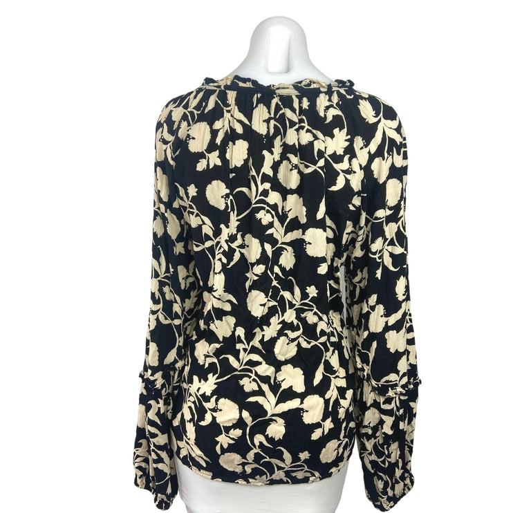Knox Rose Black Floral Print Ruffle Tie Neck Balloon Long Sleeve Blouse Top Sz L