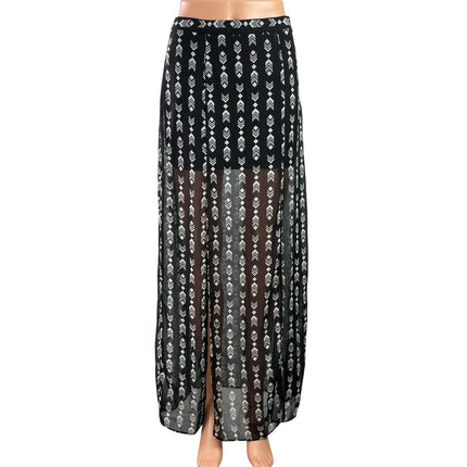 FOREVER 21 Women's Black White Geometric Print Boho Sheer Slit Maxi Skirts Sz M
