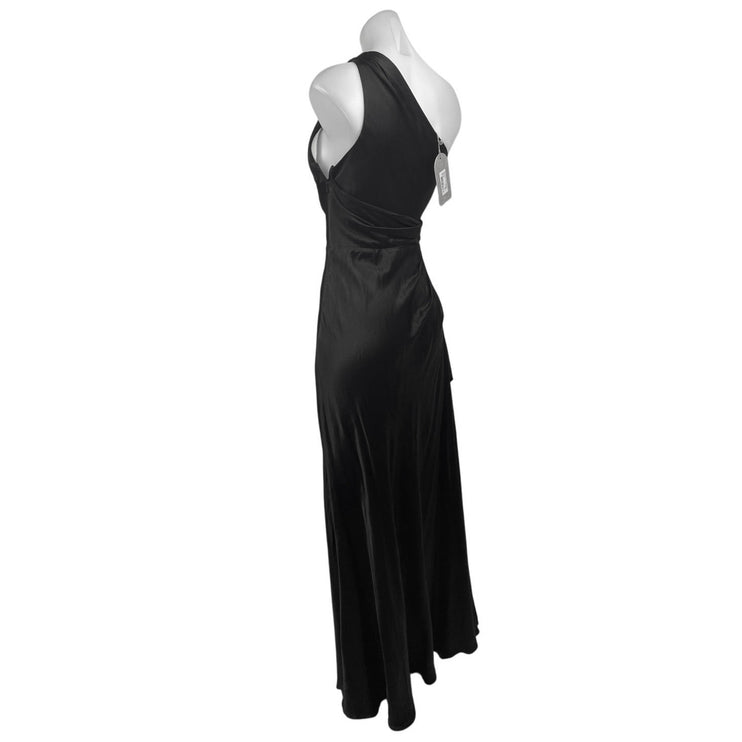 NEW Meshki Black Silk Satin One Shoulder Sleeveless Tie Waist Maxi Dress Size S