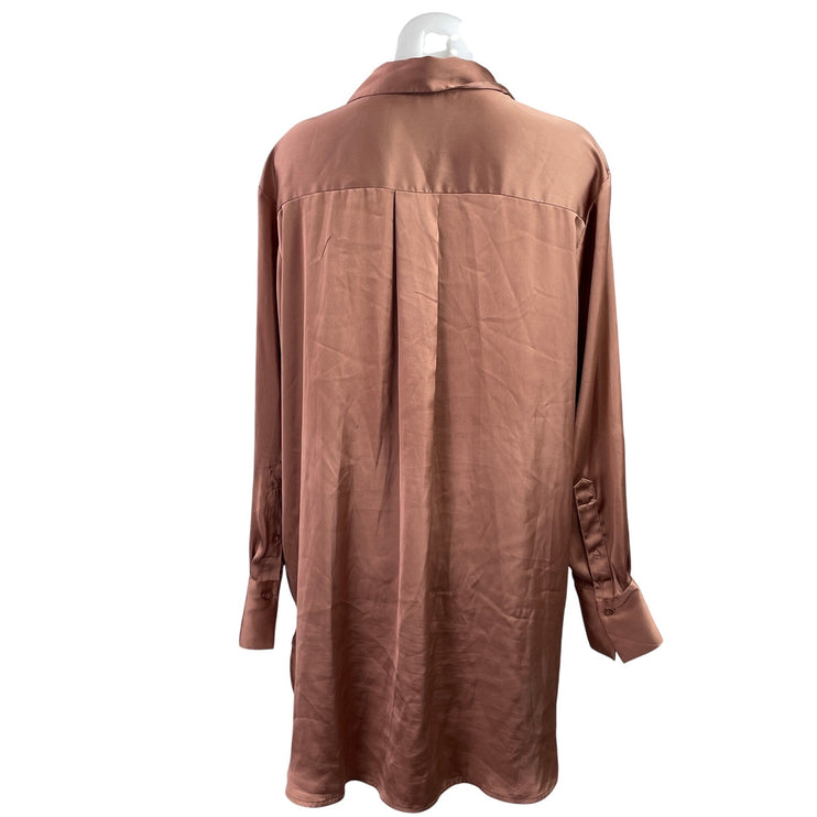 H&M Womens Brown Silky Satin Collared Long Sleeve Oversized Tunic Shirt Top Sz S