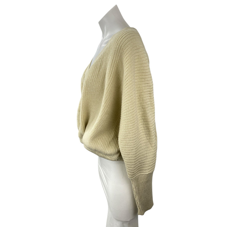 Berrylush Women's Cream Yellow Rubbed Knit Faux Wrap Long Sleeve Sweater Top S