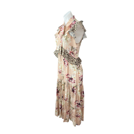 Kachel Coral Floral Leopard Ruffle Tie Pleated Tiered A Line Midi Dress Size 4